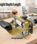 Rugged Mortise And Tenon Jig With Greaseless Linear Track For Router Slotting Locator adjustable for height, depth, and length settings.