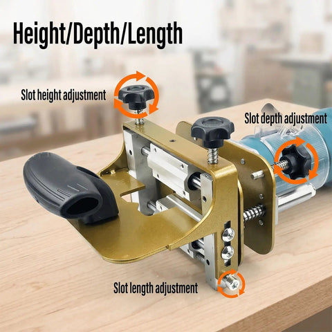 Rugged Mortise And Tenon Jig With Greaseless Linear Track For Router Slotting Locator adjustable for height, depth, and length settings.