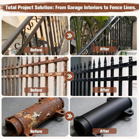Before and after comparison of 2-In-1 Rust Converter And Primer For Automotive, Marine, Trailers, Tools, And Fences, Quick-Dry Anti-Rust Coating And Corrosion Inhibitor, One Step Rust Stopper, Brush Or Spray Application, Delivers Long-Lasting Protection, 70.5 Oz on metal surfaces.
