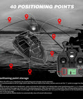 Diagram showing Glow In The Dark RC Bait Boat With GPS Autopilot Dual Motors, controller, and positioning points for night fishing.