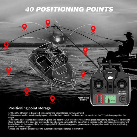 Diagram showing Glow In The Dark RC Bait Boat With GPS Autopilot Dual Motors, controller, and positioning points for night fishing.