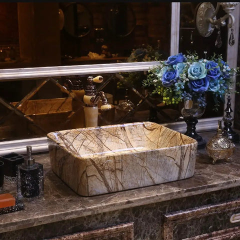 USZWBY Vessel Sinks Bathroom Vessel Sink Vintage Art Countertop Basin Vanity Rectangular Ceramic Washbasin with Faucet Bathroom Bowl Sink on marble countertop.