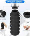 Collapsible 16oz Silicone Water Bottle With Carabiner For Gym Travel Camping Hiking Sports Lightweight BPA Free Leak Proof Foldable Design Light Pink TSA Friendly Travel Ready, showing stainless steel lid and carabiner