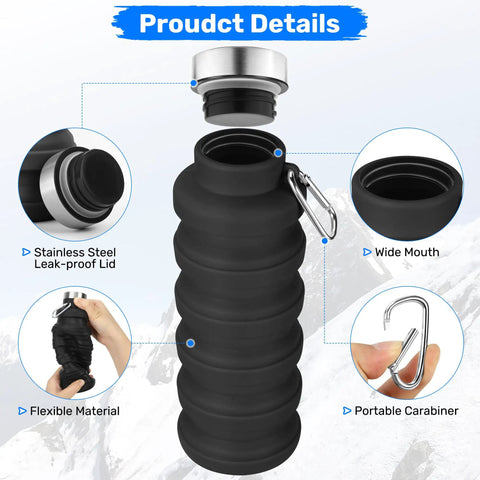 Collapsible 16oz Silicone Water Bottle With Carabiner For Gym Travel Camping Hiking Sports Lightweight BPA Free Leak Proof Foldable Design Light Pink TSA Friendly Travel Ready, showing stainless steel lid and carabiner