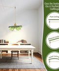 Eemmwet Green Plug in Pendant Light Handmade Glass Hanging Light for Kitchen Island Bedroom Dining Room Living Room installed above table.