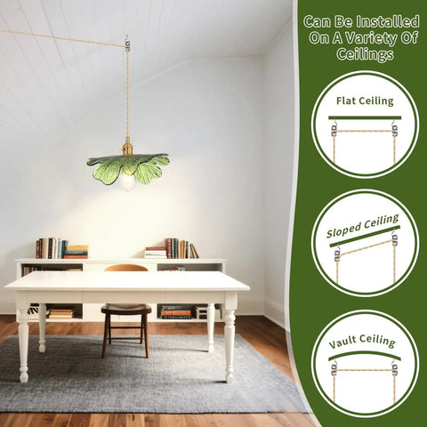 Eemmwet Green Plug in Pendant Light Handmade Glass Hanging Light for Kitchen Island Bedroom Dining Room Living Room installed above table.
