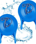 Two Pack 3 Inch Toilet Flappers Replacement For 99 788 Flush Valves, vibrant blue with stainless steel chains against water splash background