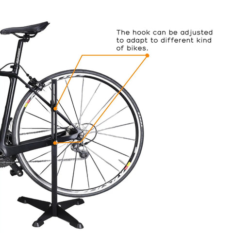 Adjustable Floor Bicycle Stand For Indoor Storage With Easy Hook Design Fits Seat Stay And Chain Stay next to bicycle rear wheel