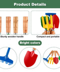 16 Piece Garden Tools Set With Wooden Handles For Garden Beach Sandbox Digging Shovels Rakes Forks And Trowels Includes 4 Of Each And A Mesh Storage Bag Ideal For Planting Weeding Transplanting And Outdoor Gift showing colorful shovels and rakes with sturdy wooden handles in close-up.