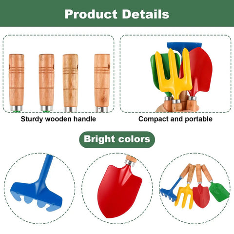 16 Piece Garden Tools Set With Wooden Handles For Garden Beach Sandbox Digging Shovels Rakes Forks And Trowels Includes 4 Of Each And A Mesh Storage Bag Ideal For Planting Weeding Transplanting And Outdoor Gift showing colorful shovels and rakes with sturdy wooden handles in close-up.