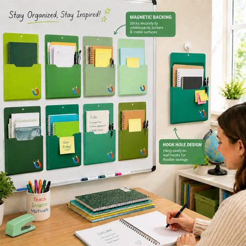 8 Pack Extra Large Magnetic File Holders For Fridge And Wall Organizer 15.7 X 9.1 X 1 Inches Green Set with documents