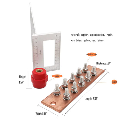 Wall Mounted Copper Ground Bar Kit With Ten Terminal Positions For Quick Multi Point Grounding, Heavy Duty Copper Busbar Measures 0.24 By 1.97 By 7.87 Inches, Preassembled Brackets And Insulators For Easy Install, Corrosion Resistant.