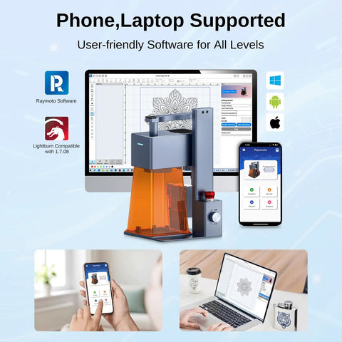 20W Diode Laser Engraver With Galvanometer And Field Lens Technology, Ultra Fast 2000 Millimeters Per Second shown with laptop and phone interfaces