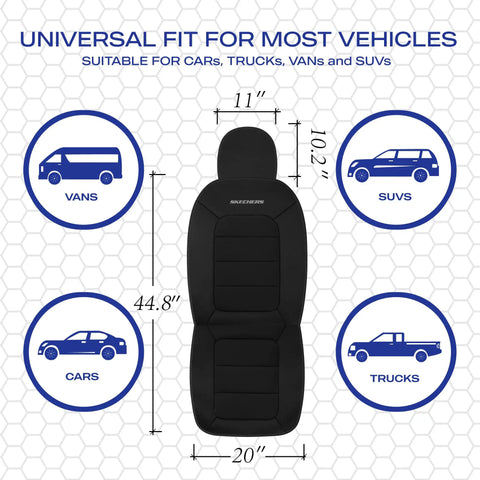 Memory Foam Car Seat Covers With Thick Cool Touch Fabric Front Seat Protection That Is Airbag Compatible For Most Cars Vans Trucks SUVs Ultra Comfy And Easy Cleanup For Everyday Road Trips shown with dimensions and vehicle fit compatibility.