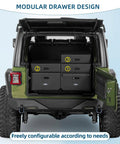 Back view of Jeep Wrangler with Modular Overland Rugged Drawer Toolbox For Jeep Wrangler JK JL Unlimited 4 Door And Ford Bronco 4 Door With Cargo Drawer System One Piece Storage Organizer For Gear And Tools installed