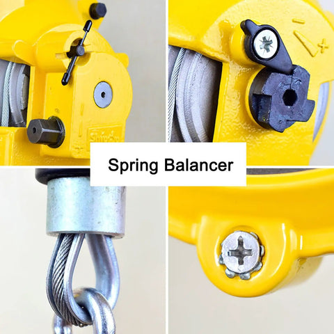 Retractable Spring Balancer Tool For Hanging And Holding Equipment With Hook 1.5M Wire Rope Heavy Duty Workshop And Auto Shop Gear Multifunctional Auxiliary Tool For Reducing Fatigue And Boosting Efficiency close-up yellow housing and steel wire rope