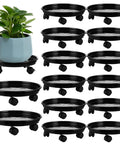 6 Pack Heavy Duty Plant Caddies With Wheels, Smooth Rolling Plant Dollies For Indoor Outdoor Potted Plants, Sturdy Black Plastic Saucers With Glide Casters, Straight Up Elevate Your Space with multiple caddies and a potted plant.