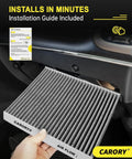 Cabin air filter with activated carbon, gray pleated media, CARORY brand logo visible.