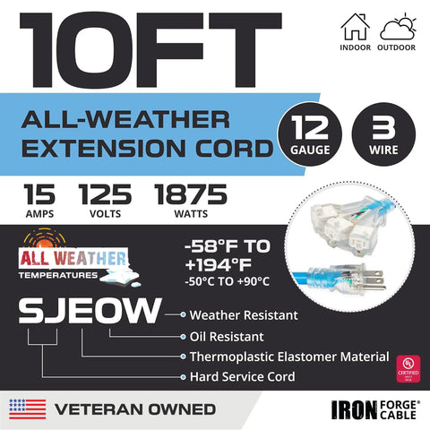 10 Ft all-weather extension cord, 12 gauge, 3 wires, indoor/outdoor, with SJEOW lighted 3 prong plug for cold and hot temperatures.