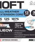 Infographic of 10 ft all-weather extension cord, 12 gauge, 3-prong plug, SJEOW material, indoor and outdoor temperature range -58°F to 194°F