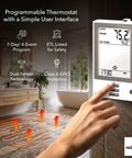 Electric Floor Heating Mat For Tile And Bathroom Floors 120V 10 Sq Ft 120W with programmable thermostat in bathroom setting.