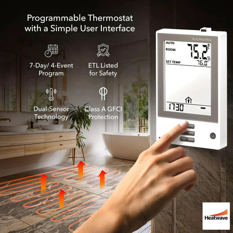 Electric Floor Heating Mat For Tile And Bathroom Floors 120V 10 Sq Ft 120W with programmable thermostat in bathroom setting.