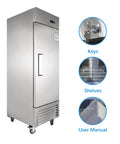 Rock Solid 27 Inch Commercial Reach In Freezer Delivers 23 Cubic Feet Of Smooth Stainless Steel Cooling With Smart Fan Chiller Plus No Sweat Digital Temp Control And Heavy Duty Roll Casters For Restaurant Setup, showcasing keys, shelves, and user manual.