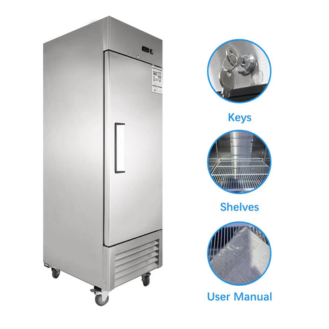Rock Solid 27 Inch Commercial Reach In Freezer Delivers 23 Cubic Feet Of Smooth Stainless Steel Cooling With Smart Fan Chiller Plus No Sweat Digital Temp Control And Heavy Duty Roll Casters For Restaurant Setup, showcasing keys, shelves, and user manual.