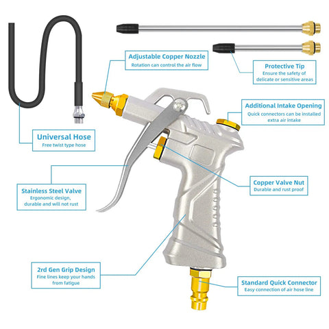 Air Blow Gun With Brass Adjustable Nozzle And Flexible Hose, Pro Grade Industrial Quality, detailed view with features labeled