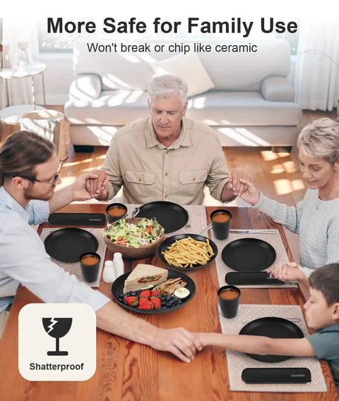 Family dining with Unbreakable 24 Piece Dinnerware Set For Six With Plates Bowls And Cups, lightweight, durable, shatterproof.