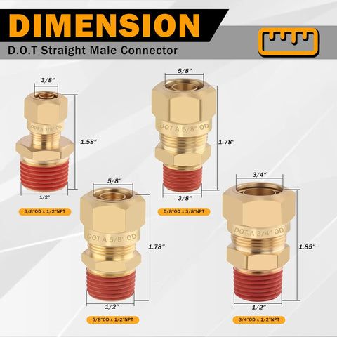 Dimensions of Five Pack Air Brake Nylon Tubing Brass Union Fittings Three Eighths Inch Tube Outside Diameter To One Fourth Inch NPT Thread Straight Compression Fittings For Nylon Hose DOT Approved For Truck Trailers