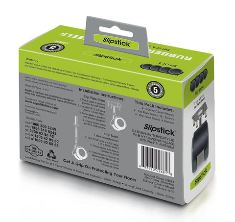 Packaging of 2 Inch Floor Protector Rubber Caster Wheels Set Of 4 With 5 Sixteenth Inch Stem Or Top Plate Mounting details shown