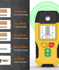 Wall Scanner Stud Finder 6-in-1 Metal Detector Auto Shutoff LCD(Yellow) showing scan modes and depth indicators.