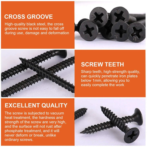 Pro Grade Drywall Screws Set With 190 Pcs Black Steel, showcasing screw features: cross groove, screw teeth, and quality description.