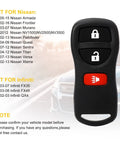 Keyless Entry Remote Fob For Infiniti And Nissan Cars Armada Frontier Murano Pathfinder Quest Sentra Titan Versa Xterra FX35 FX45 QX4 Replacement KBRASTU15 2 Pack Includes Batteries Pre Tested Plug And Play with car compatibility list