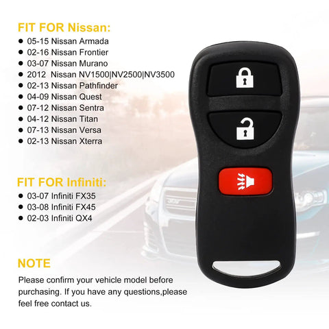 Keyless Entry Remote Fob For Infiniti And Nissan Cars Armada Frontier Murano Pathfinder Quest Sentra Titan Versa Xterra FX35 FX45 QX4 Replacement KBRASTU15 2 Pack Includes Batteries Pre Tested Plug And Play with car compatibility list