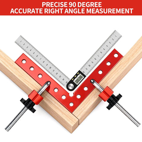 Heavy Duty Corner Clamps For Woodworking, 4 Pack 5.5 Inch Aluminum Right Angle Positioning Squares in use with wood.