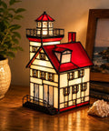 Lorain Lighthouse Tiffany Style Stained Glass Accent Table Lamp Night Light For Home Decor, Red Glass Glow With Warm White Finish