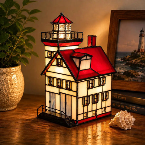 Lorain Lighthouse Tiffany Style Stained Glass Accent Table Lamp Night Light For Home Decor, Red Glass Glow With Warm White Finish