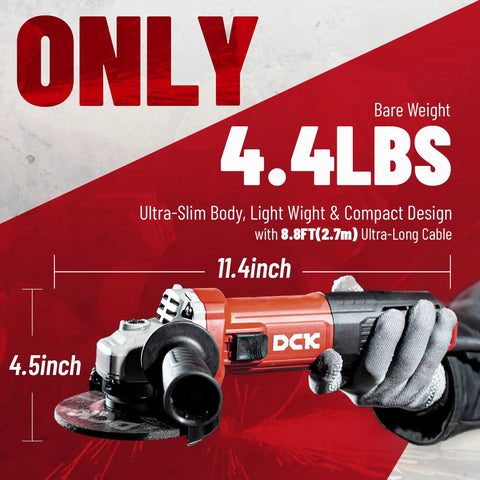 Angle grinder front view with measurements 11.4 inch length, 4.5 inch disc, highlighting ultra-slim body and 8.8ft cable.