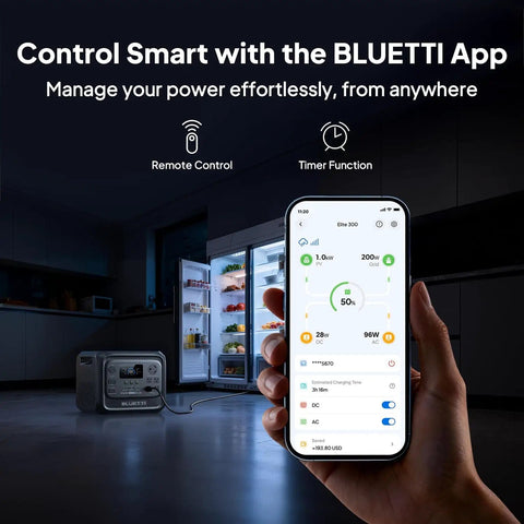 Smart control of Elite 300 Portable Power Station with 3014Wh LiFePO4 Battery via smartphone in a dimly lit kitchen.