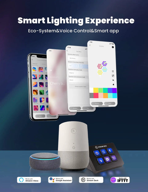Smart app interface displaying color selection for Hexagon LED Wall Lights Set Three Piece Pro with Alexa and Google integration devices.
