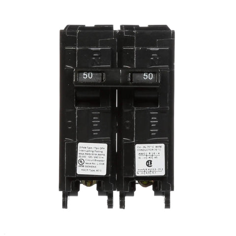 QPH Type 50 Amp Double Pole 240V Circuit Breaker With 22kA Interrupting Rating For Easy Plug In In Siemens Enclosures front view.