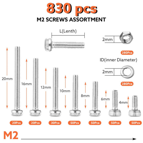 M2 Screws Assortment Kit with 304 stainless steel hex socket head screws, nuts, bolts, and washers from M2x4mm to M2x20mm.