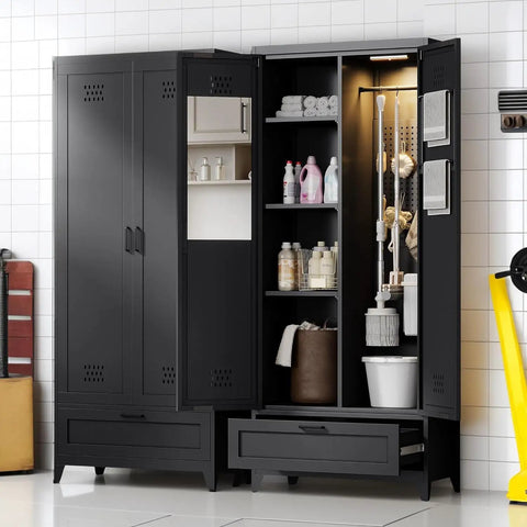 Beefy Steel Garage Storage Cabinet with Adjustable Shelves and a Drawer, black powder coat finish, open view with items stored