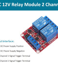 Two Channel 12V Relay Module With Optocoupler Isolated Trigger, high or low level control, shown with input interface diagram