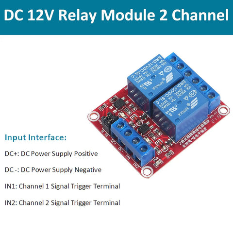 Two Channel 12V Relay Module With Optocoupler Isolated Trigger, high or low level control, shown with input interface diagram