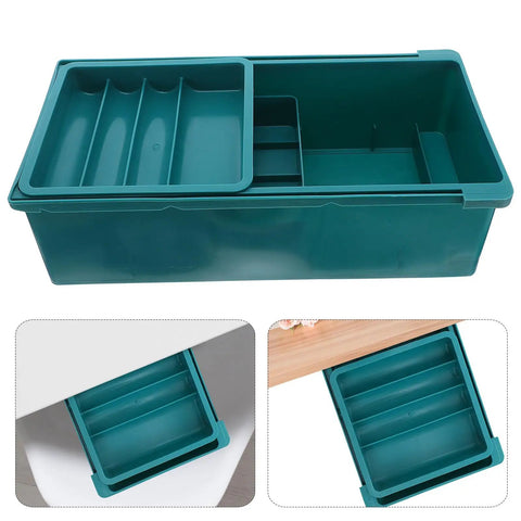 Under Desk Storage Tray With Three Tier Drawers, Plastic Desktop Organizer in green, shown under desk