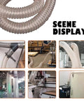 Heavy Duty Clear Polyurethane Dust Collection Hose Steel Wire Reinforced 9/8 inch dia, flexible tubing in various workshop setups.