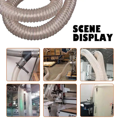 Heavy Duty Clear Polyurethane Dust Collection Hose Steel Wire Reinforced 9/8 inch dia, flexible tubing in various workshop setups.